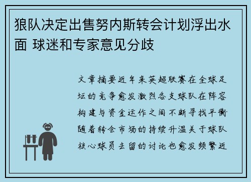 狼队决定出售努内斯转会计划浮出水面 球迷和专家意见分歧